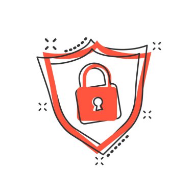 Vektör karikatür kilit kalkan güvenlik simgesi çizgi roman tarzı ile. Asma kilit işareti illüstrasyon piktogram. Kalkan iş sıçrama etkisi kavramı.