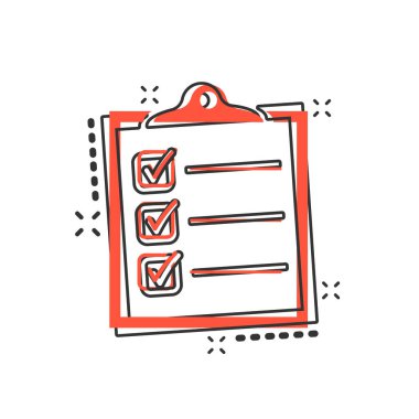 Çizgi roman tarzında liste simgesi yapmak için vektör karikatürü. Kontrol listesi, görev listesi resim çizelgesi imzası. İş sıçrama etkisi kavramını anımsatma.