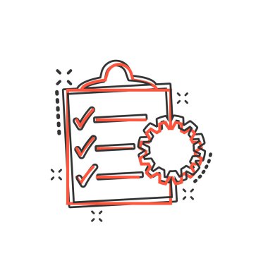 Çizgi roman tarzında vektör karikatür simgesi. Proje yönetimi resimli resim imzaladı. Vites işi sıçrama etkisi konseptiyle liste yapmak için.