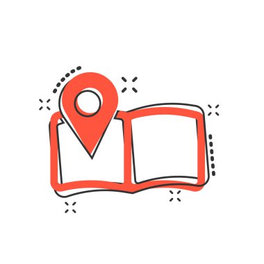 Harita simgesindeki vektör karikatür iğnesi komik bir şekilde. Harita GPS işareti resimli resim. Navigasyon işi sıçrama etkisi konsepti.