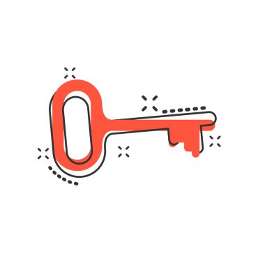 Çizgi roman tarzında vektör çizgi film anahtar simgesi. Gizli anahtar kelime işareti resimli resim. Anahtar iş sıçrama etkisi konsepti.