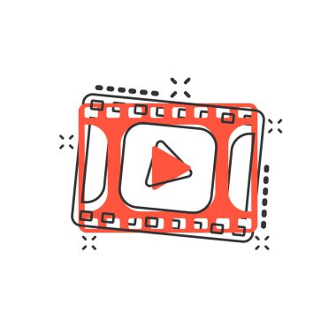 Çizgi roman tarzında vektör çizgi film çalma düğmesi simgesi. Video işareti resimli resim oynat. Medya paneli iş sıçrama etkisi konsepti.