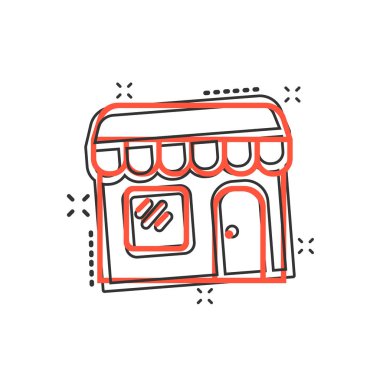 Vektör karikatür mağazası simgesi. Dükkan binası resimli resim tabelası. Alışveriş merkezi sıçrama etkisi konsepti.