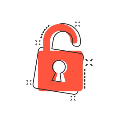 Vektör karikatür kilit simgesi çizgi roman tarzında. Asma kilit tabela resimli resim. Asma kilit iş sıçrama etkisi konsepti.