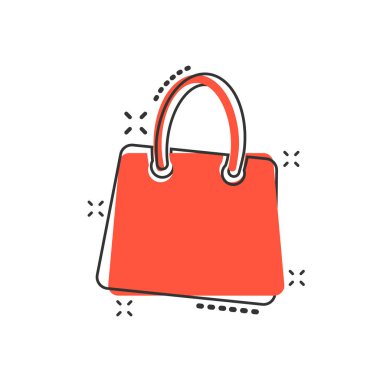 Çizgi roman tarzında vektör karikatür çanta ikonu. Satış çantası tabela resimli resim. Hediye işi sıçrama etkisi konsepti.