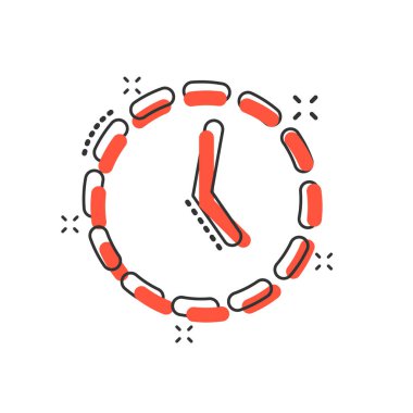 Vektör karikatür saat simgesi çizgi roman tarzında. Zamanlayıcı işareti resimli resim. Saat işletmesi sıçrama etkisi konsepti.