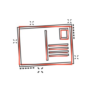 Vektör çizgi film kartpostal zarf simgesi çizgi roman tarzı. Kartpostal işareti illüstrasyon piktogram. Posta zarf iş sıçrama etkisi kavramı.