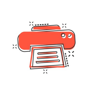 Çizgi roman tarzında vektör karikatür yazıcı simgesi. Belge yazdırma işareti resimli çizim. Yazıcı işletme sıçrama etkisi konsepti.