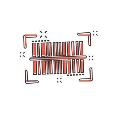 Vektör karikatür barkod ürün dağıtım simgesini çizgi roman tarzı. Barkod işareti illüstrasyon piktogram. Etiket iş sıçrama etkisi kavramı inceden inceye gözden geçirmek.