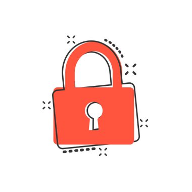 Vektör karikatür asma kilit simgesi. Kilit, güvenlik kavramının resimli resmini aç. Asma kilit iş sıçrama etkisi konsepti.