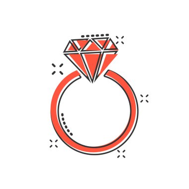 Çizgi roman şeklinde elmas ikonlu vektör nişan yüzüğü. Düğün mücevherleri resimli resim çizimi. Romantizm ilişkisi iş dünyası sıçrama etkisi kavramı.