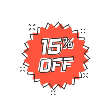 Vektör karikatür indirim etiketi simgesi çizgi roman tarzı. Satılık etiketi illüstrasyon piktogram. Promosyon yüzde 15 indirim splash etkisi kavramı.