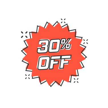 Çizgi roman stili ile vektör karikatür indirim simgesi. İndirimli etiket resimli resim. Yüzde 30 indirimli sıçrama etkisi konsepti.