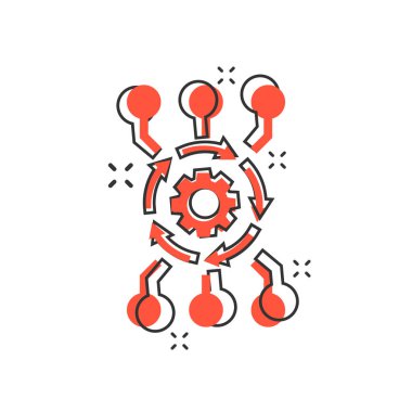 Çizgi roman tarzında vektör karikatür algoritma api yazılım simgesi. Ok konsepti resimli teçhizat. Algoritma işi sıçrama etkisi konsepti.