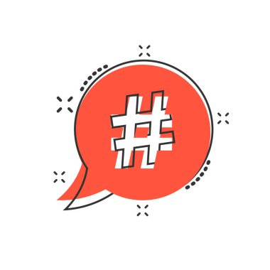 Çizgi roman hashtag simgesi şeklinde vektör karikatürü. Sosyal medya pazarlama konsepti resimli resim. Etiket ağ iş sıçrama etkisi konsepti.
