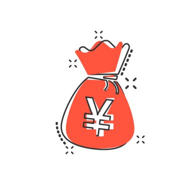 Vektör karikatür yen, Yuan çanta para birimi simgesi. Yen madeni para çuvalı konsepti resim çizimi. Asya para ticareti sıçrama etkisi kavramı.