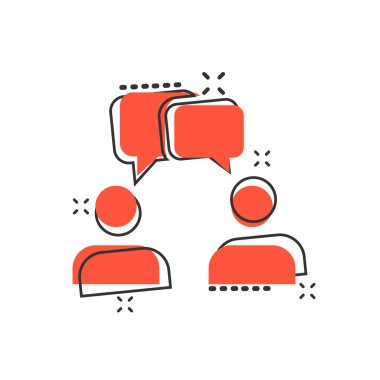 Vektör karikatür komik tarzda insanlar simgesi konuş. Konuşma balonu konsept illüstrasyon piktogram olan adam. Talk sohbet iş sıçrama etkisi kavramı.