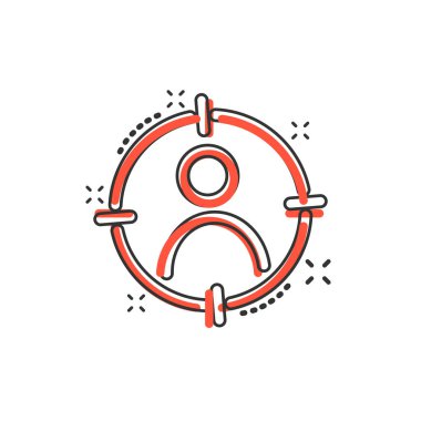 Vektör çizgi film hedef kitleye simgesini çizgi roman tarzı. Pazarlama hedef strateji konsept illüstrasyon piktogram. İnsanlar sıçrama etkisi konsepti üzerine amacı.