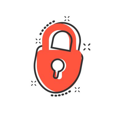 Vektör karikatür kilit simgesi çizgi roman tarzında. Asma kilit tabela resimli resim. Asma kilit iş sıçrama etkisi konsepti.