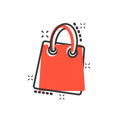 Çizgi roman tarzında vektör karikatür çanta ikonu. Satış çantası tabela resimli resim. Hediye işi sıçrama etkisi konsepti.