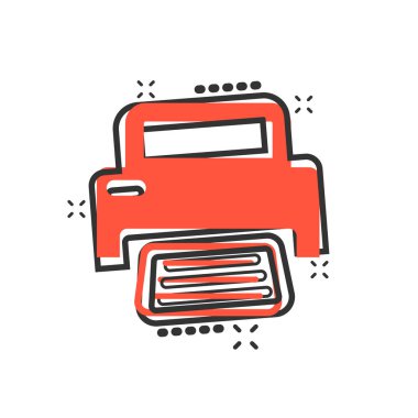 Çizgi roman tarzında vektör karikatür yazıcı simgesi. Belge yazdırma işareti resimli çizim. Yazıcı işletme sıçrama etkisi konsepti.