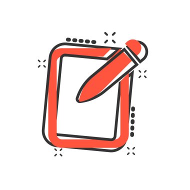 Çizgi roman şeklinde kalem simgesi içeren vektör karikatür düzenleme belgesi. Not konsepti resimli resim. Belge işi sıçrama etkisi kavramı.