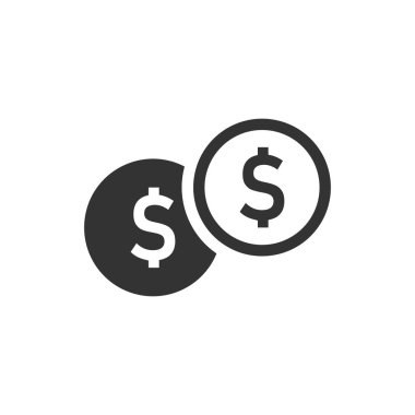 Bozuk para yığın simgesi düz stil. Beyaz izole edilmiş arka planda dolar sikke vektör çizimi. Para yığılmış iş konsepti.