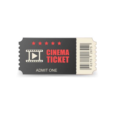 Gerçekçi sinema bilet simgesini düz stil. Bir kupon giriş vektör çizim beyaz izole arka plan üzerinde itiraf. 3D bilet iş kavramı.