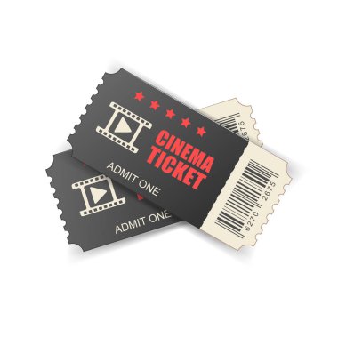 Gerçekçi sinema bilet simgesini düz stil. Bir kupon giriş vektör çizim beyaz izole arka plan üzerinde itiraf. 3D bilet iş kavramı.