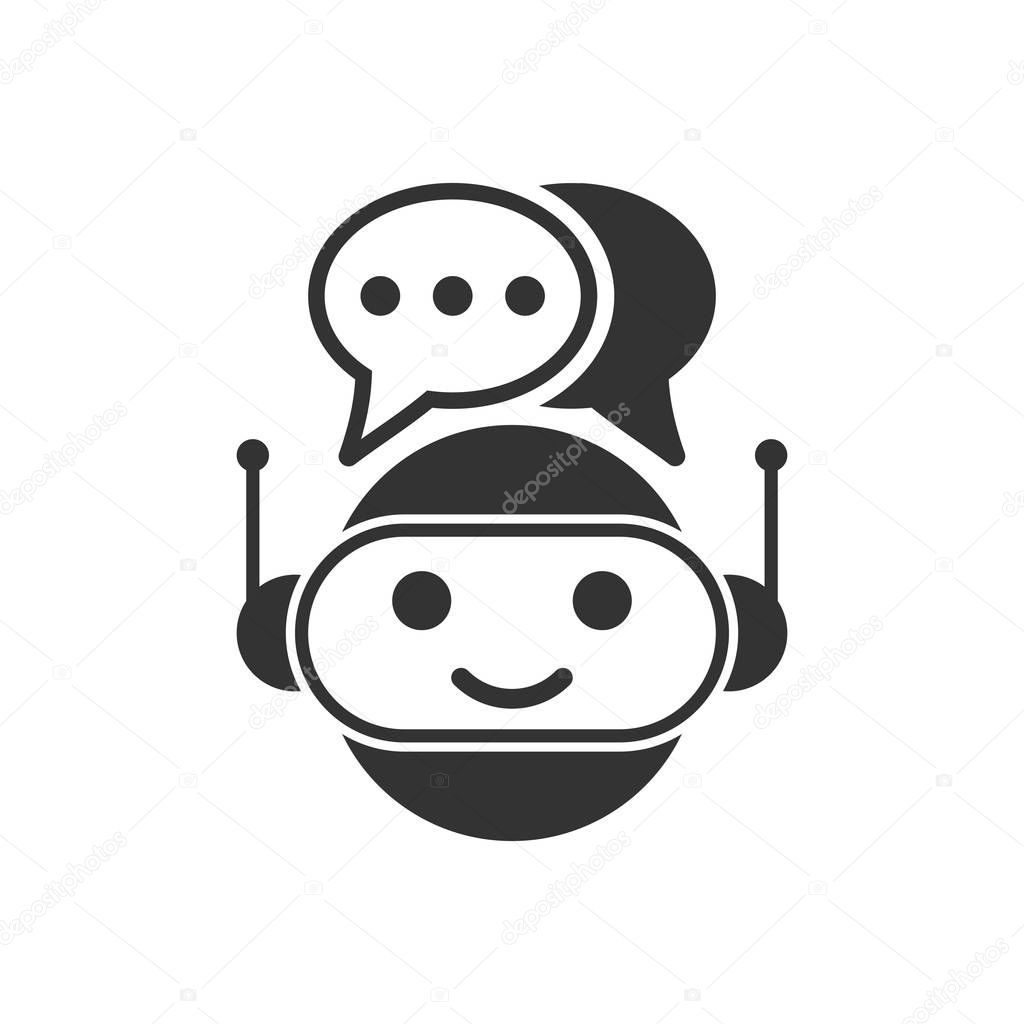Cute robot chatbot icon in flat style. Bot operator vector illustration on white isolated background. Smart chatbot character business concept.