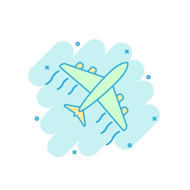 Çizgi roman tarzı çizgi film renkli uçak simgesi. Uçak illüstrasyon piktogram. Uçak sıçrama iş kavramı.