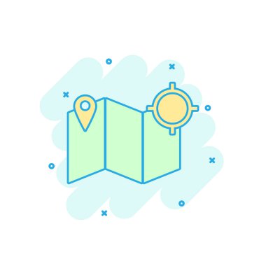 Çizgi film renkli harita PIN simgesi çizgi roman tarzı. Konumu gps illüstrasyon piktogram imzala. Hedef sıçrama iş kavramı.