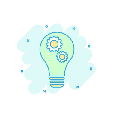 Çizgi film, çizgi roman tarzında ampul dişli simgesiyle renkli. Ampul fikir işareti illüstrasyon piktogram. Lamba sıçrama iş kavramı.