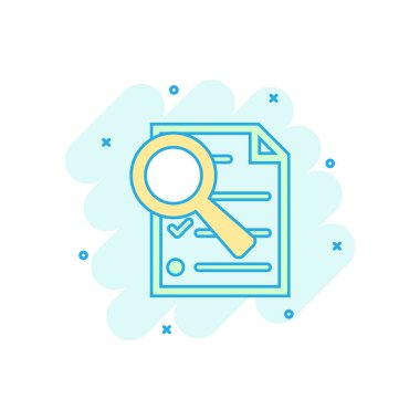 Çizgi roman tarzı çizgi film renkli belge simgesi. Belge dosyaları zum işareti illüstrasyon piktogram. Büyüteç denetim listesi sıçrama iş kavramı ile.