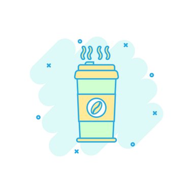 Çizgi film, çizgi roman tarzında kahve Kupası simgesi renkli. Kahve kase illüstrasyon piktogram. Kafein işareti iş kavramı sıçrama.