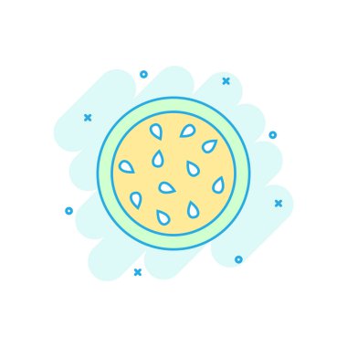 Çizgi roman tarzı çizgi film renkli karpuz simgesi. Sulu olgun meyve illüstrasyon piktogram. Karpuz işareti iş kavramı sıçrama.