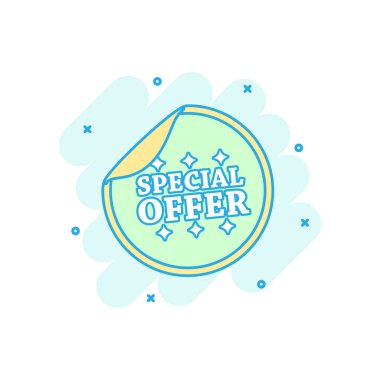 Çizgi film renkli özel indirim etiketi simgesi çizgi roman tarzı. Alışveriş illüstrasyon piktogram. Özel Fırsat işareti sıçrama iş kavramı.