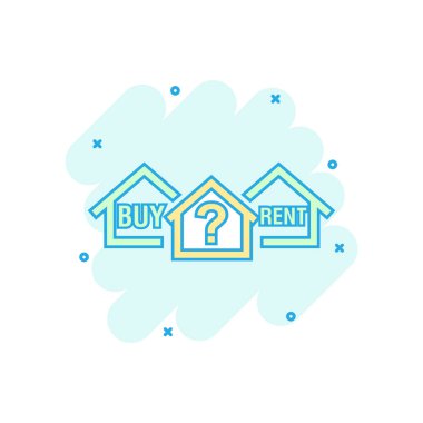 Renkli satın almak ya da kiralık ev simgesini çizgi roman tarzı çizgi film. Ev illüstrasyon piktogram. Ev işareti sıçrama iş kavramı.