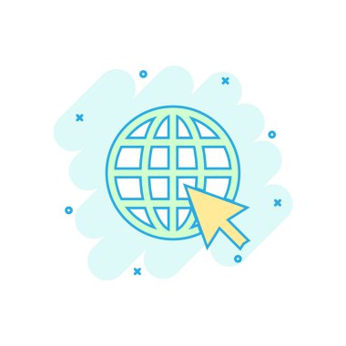 Renkli karikatür komik tarzı web simgesi gidin. Dünya dünya illüstrasyon piktogram. Www url işareti iş kavramı sıçrama.