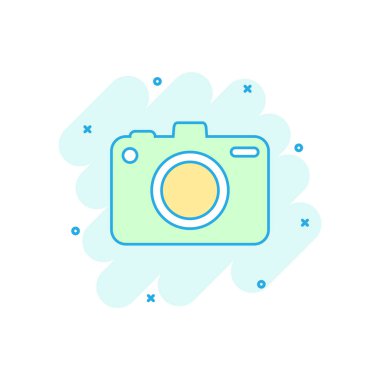 Çizgi film renkli fotoğraf kamera simgesi çizgi roman tarzı. Fotoğrafçı cam illüstrasyon piktogram. Kamera işareti iş kavramı sıçrama.