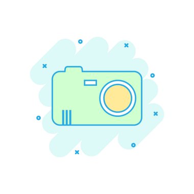 Çizgi film renkli fotoğraf kamera simgesi çizgi roman tarzı. Fotoğrafçı cam illüstrasyon piktogram. Kamera işareti iş kavramı sıçrama.