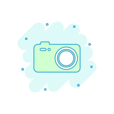 Çizgi film renkli fotoğraf kamera simgesi çizgi roman tarzı. Fotoğrafçı cam illüstrasyon piktogram. Kamera işareti iş kavramı sıçrama.