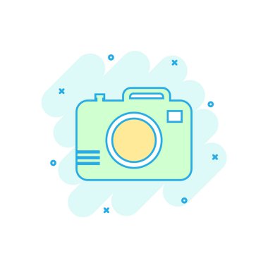 Çizgi film renkli fotoğraf kamera simgesi çizgi roman tarzı. Fotoğrafçı cam illüstrasyon piktogram. Kamera işareti iş kavramı sıçrama.