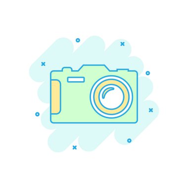 Çizgi film renkli fotoğraf kamera simgesi çizgi roman tarzı. Fotoğrafçı cam illüstrasyon piktogram. Kamera işareti iş kavramı sıçrama.