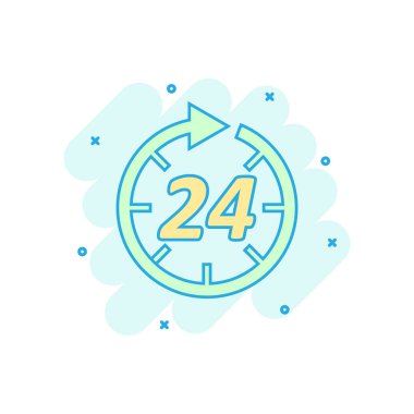 Çizgi film, çizgi roman tarzında saat simgesini renkli. 24 saat illüstrasyon piktogram. Saat zamanlayıcı işareti sıçrama iş kavramı.