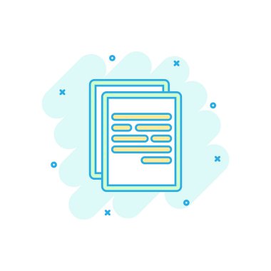 Çizgi roman tarzı çizgi film renkli belge simgesi. Kağıt sayfa illüstrasyon piktogram. Not işareti sıçrama iş kavramı.