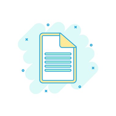 Çizgi roman tarzı çizgi film renkli belge simgesi. Kağıt sayfa illüstrasyon piktogram. Not işareti sıçrama iş kavramı.