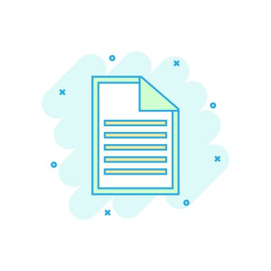 Çizgi roman tarzı çizgi film renkli belge simgesi. Kağıt sayfa illüstrasyon piktogram. Not işareti sıçrama iş kavramı.