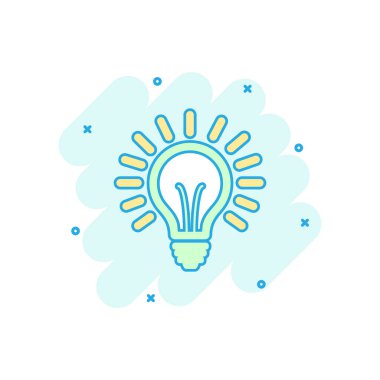 Çizgi roman tarzı çizgi film renkli ampul simgesi. Aydınlatma Elektrik illüstrasyon piktogram. Fikir ampul işareti iş kavramı sıçrama.