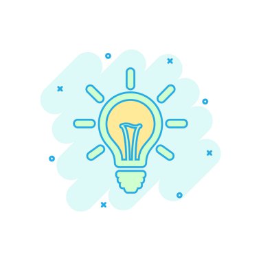 Çizgi roman tarzı çizgi film renkli ampul simgesi. Aydınlatma Elektrik illüstrasyon piktogram. Fikir ampul işareti iş kavramı sıçrama.